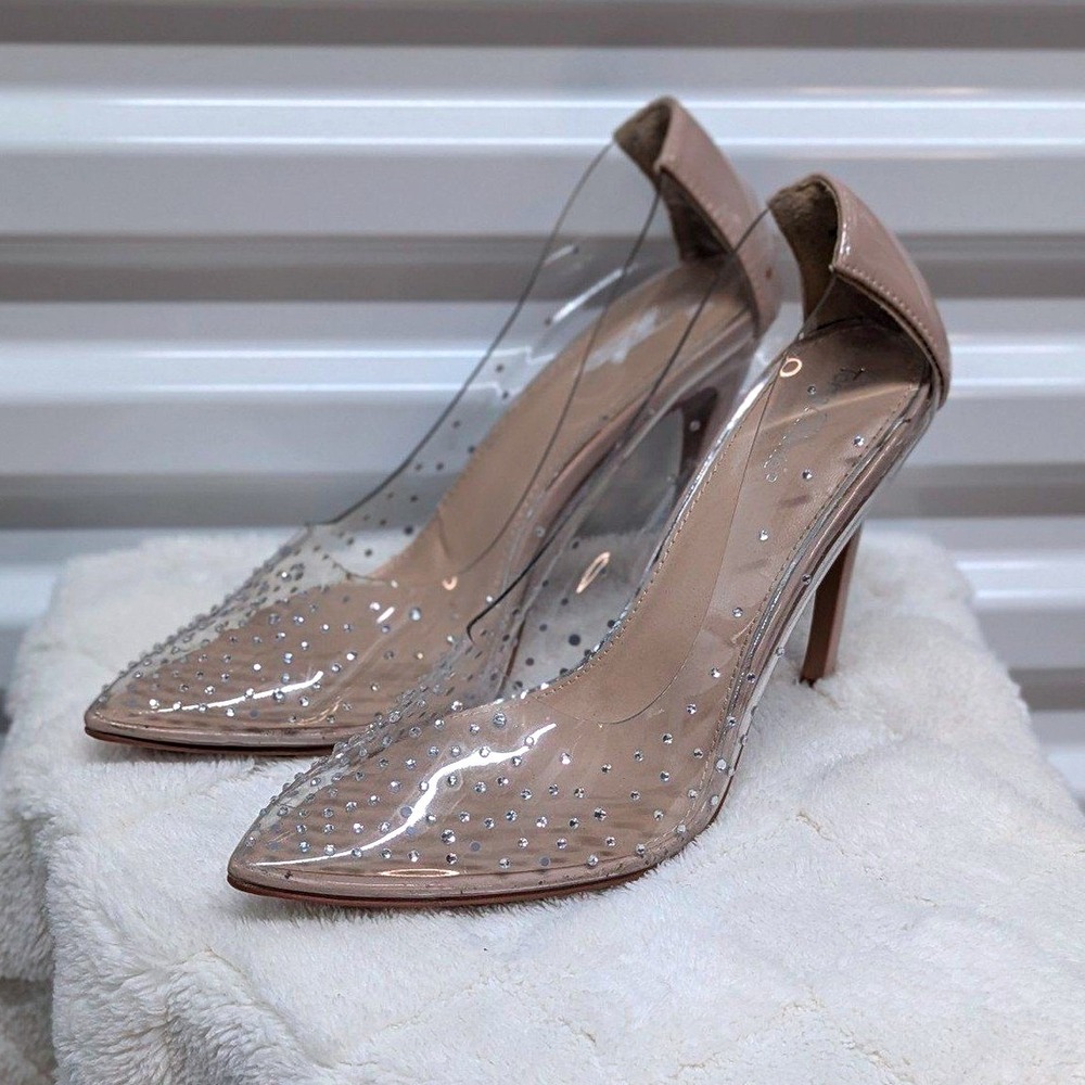 Mob Wife Y2K Nude Clear Rhinestone Pumps Pointed Toe Heels Size 9 Torta Caliente